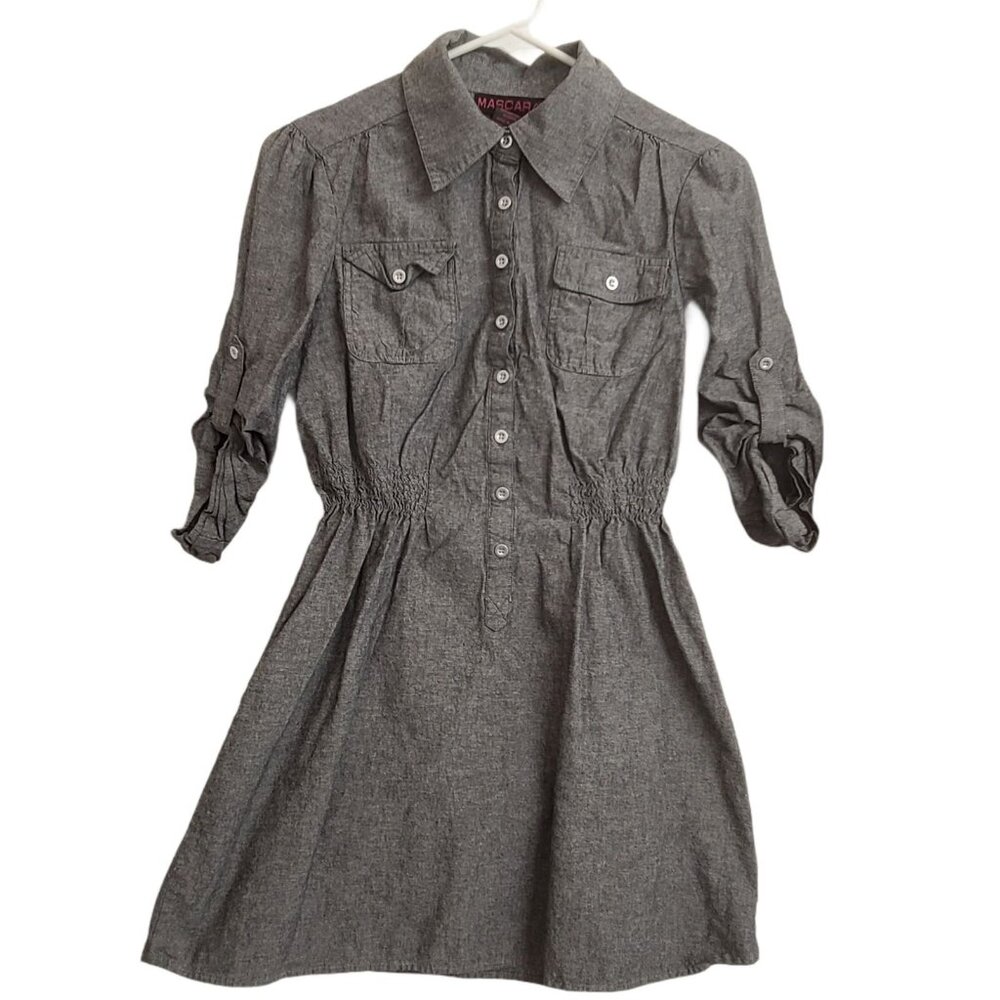 Mascara Dress Junior Medium Gray Woven Mini Roll Tab Sleeve Collar Elastic Waist